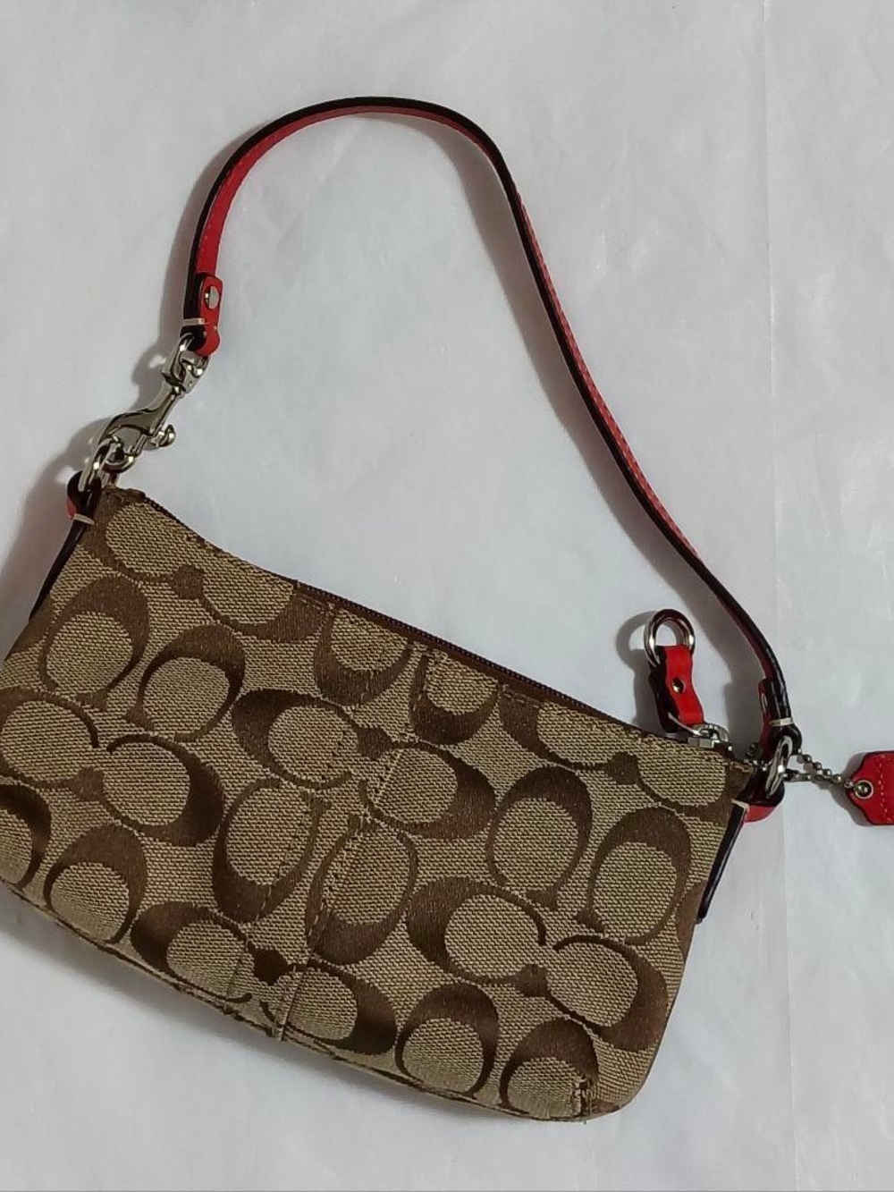 Coach Signature Canvas Wristlet with Red Leather Strap